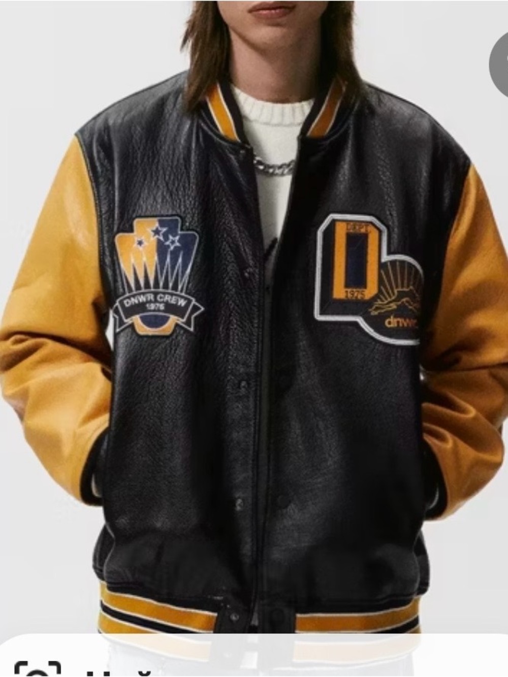 ZARA Buffalo Leather Varsity Jacket – Size S – Black & Yellow